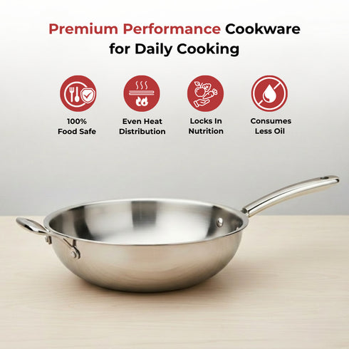 Vinod Doniv Titanium Triply Stainless Steel Wok with Side Handle 28 cms Capacity 4.00 Liter