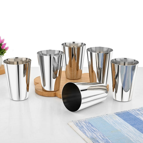 Vinod Stainless Steel Plain Glass Set of 6 300 ml with Highest Grade Steel Mirror Finish Rust Free Easy to Clean and Dishwasher Safe