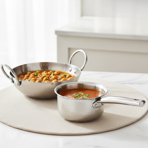 Vinod Claro Heavy Gauge Stainless Steel Hammered Kadai 2.4 Liter 24 cm and Sauce pan 900ml 14cm with 1.5 mm Thickness Set of 2