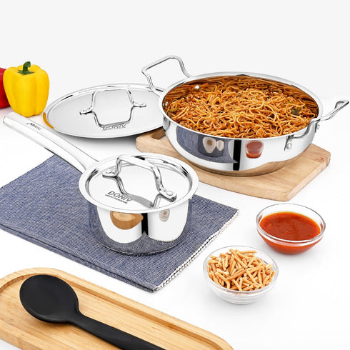 Vinod Doniv 2 Piece Majestic Sandwich Bottom Cookware Set 1 Piece Sauce Pan with lid 14 cm and 1 Piece Kadhai with Lid 24 cm