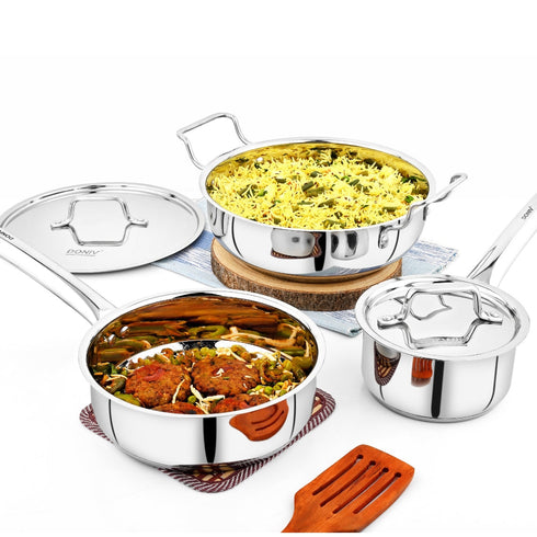 Vinod Doniv 3 Piece Majestic Sandwich Bottom Cookware Set 1 Piece Kadhai with Lid 24 cms 1 Piece Sauce Pan with Lid 14 cms and 1 Piece Fry Pan 20 cms