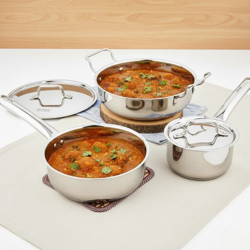 Vinod Doniv 3 Piece Majestic Sandwich Bottom Cookware Set 1 Piece Kadhai with Lid 24 cms 1 Piece Sauce Pan with Lid 14 cms and 1 Piece Fry Pan 20 cms