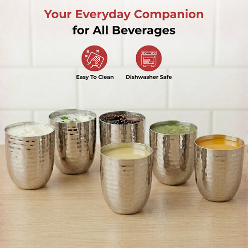 Vinod Stainless Steel Premium Hammered Glass Set of 6 300 ml with High Grade Stainless Steel Long Lasting and Durable Rust Free