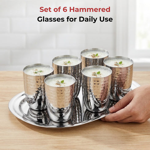 Vinod Stainless Steel Premium Hammered Glass Set of 6 300 ml with High Grade Stainless Steel Long Lasting and Durable Rust Free