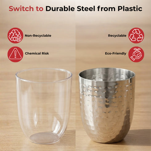 Vinod Stainless Steel Premium Hammered Glass Set of 6 300 ml with High Grade Stainless Steel Long Lasting and Durable Rust Free