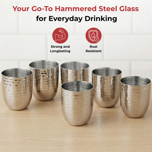 Vinod Stainless Steel Premium Hammered Glass Set of 6 300 ml with High Grade Stainless Steel Long Lasting and Durable Rust Free
