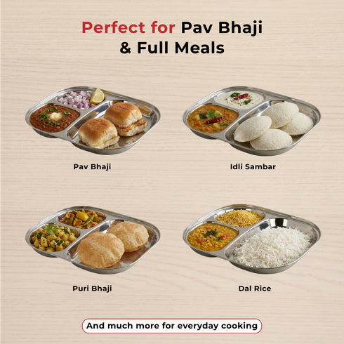 Vinod Stainless Steel 3 Compartment Plate with Round Edges Pav Bhaji Plates Idli Sambhar Breakfast Plate Lunch Dinner Plate Pack of 2