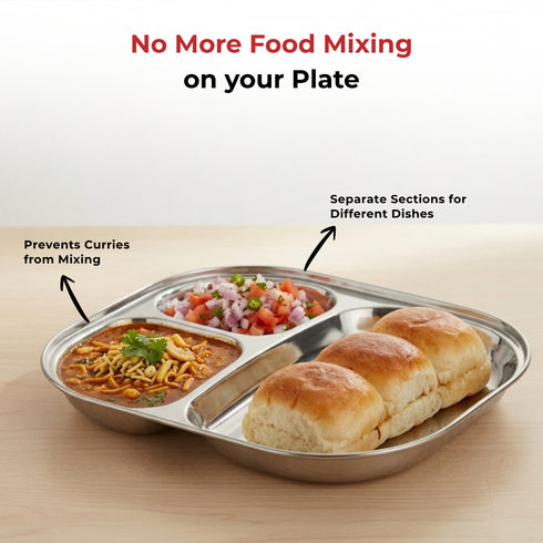 Vinod Stainless Steel 3 Compartment Plate with Round Edges Pav Bhaji Plates Idli Sambhar Breakfast Plate Lunch Dinner Plate Pack of 2