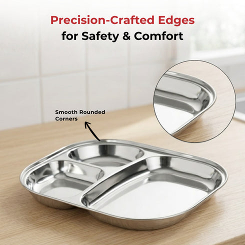 Vinod Stainless Steel 3 Compartment Plate with Round Edges Pav Bhaji Plates Idli Sambhar Breakfast Plate Lunch Dinner Plate Pack of 2
