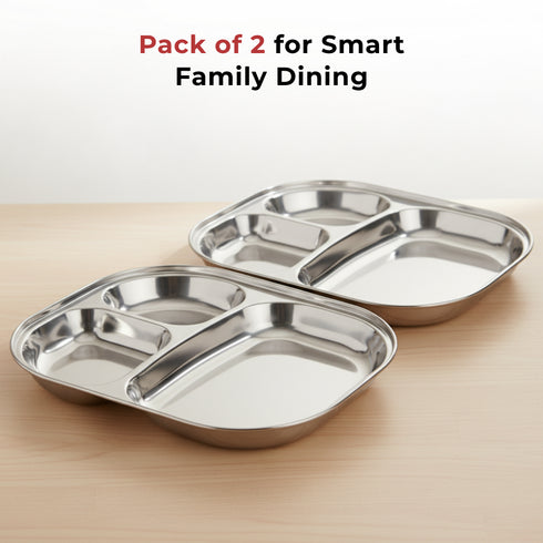 Vinod Stainless Steel 3 Compartment Plate with Round Edges Pav Bhaji Plates Idli Sambhar Breakfast Plate Lunch Dinner Plate Pack of 2