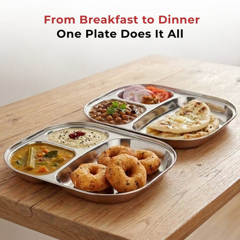 Vinod Stainless Steel 3 Compartment Plate with Round Edges Pav Bhaji Plates Idli Sambhar Breakfast Plate Lunch Dinner Plate Pack of 2