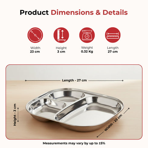 Vinod Stainless Steel 3 Compartment Plate with Round Edges Pav Bhaji Plates Idli Sambhar Breakfast Plate Lunch Dinner Plate Pack of 2