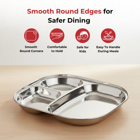 Vinod Stainless Steel 3 Compartment Plate with Round Edges Pav Bhaji Plates Idli Sambhar Breakfast Plate Lunch Dinner Plate Pack of 2