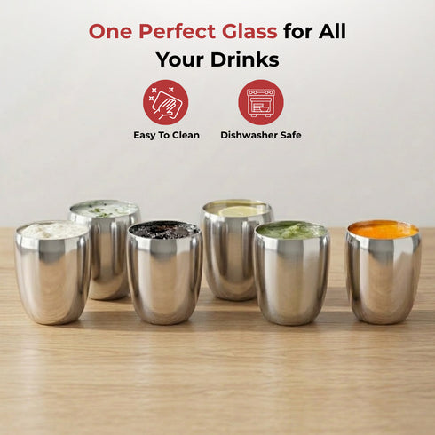 Vinod Stainless Steel Mango Glass Set of 6 300 ml with Highest Grade Steel Mirror Finish Rust Free Strong and Tough Dishwasher Safe