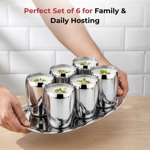 Vinod Stainless Steel Mango Glass Set of 6 300 ml with Highest Grade Steel Mirror Finish Rust Free Strong and Tough Dishwasher Safe