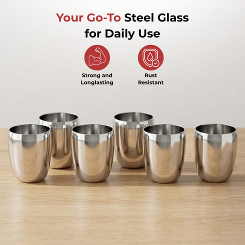 Vinod Stainless Steel Mango Glass Set of 6 300 ml with Highest Grade Steel Mirror Finish Rust Free Strong and Tough Dishwasher Safe