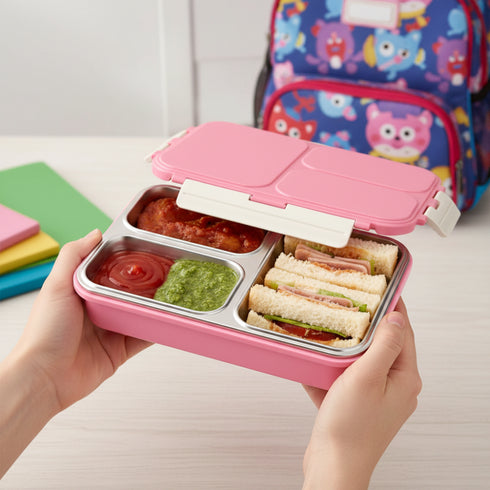 Vinod Stainless Steel Tiffin 3 Compartment Pink Airtight Silicone Sealed Lid Insulated Food Grade Steel Secure Side Clips