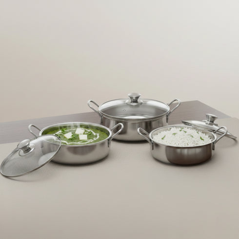 Vinod Stainless Steel Elite Bowl 3 Pcs Set with Glass Lids and Side Handles Highest Grade Stainless Steel Mirror Finish Strong and Sturdy Build