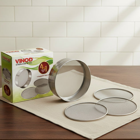 Vinod Stainless Steel 4 in 1 Chalni Set for Flour Authentic Steel Rust Free Easy to Clean and Dishwasher Safe