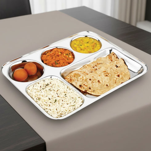 Vinod Stainless Steel 5 Compartment Plate with Round Edges Lunch and Dinner Plate Bhojan Thali High Quality Steel Rust Free Pack of 2