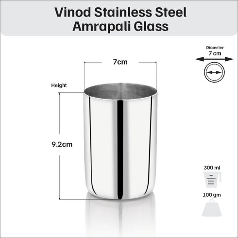 Vinod Stainless Steel Amrapali Glass Set of 6 with High Grade Stainless Steel Mirror Finish Tough and Strong Dishwasher Safe 7 Inch