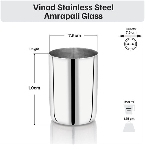 Vinod Stainless Steel Amrapali Glass Set of 6 with High Grade Stainless Steel Mirror Finish Tough and Strong Dishwasher Safe 7.5 Inch