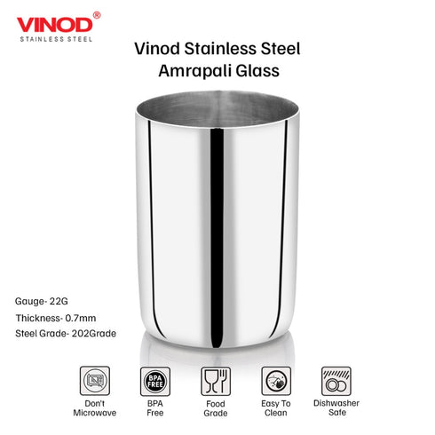 Vinod Stainless Steel Amrapali Glass Set of 6 250 ml with Highest Grade Steel Mirror Finish Strong and Tough Dishwasher Safe and Rust Free