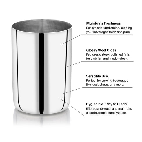 Vinod Stainless Steel Amrapali Glass Set of 6 with High Grade Stainless Steel Mirror Finish Tough and Strong Dishwasher Safe 7.5 Inch
