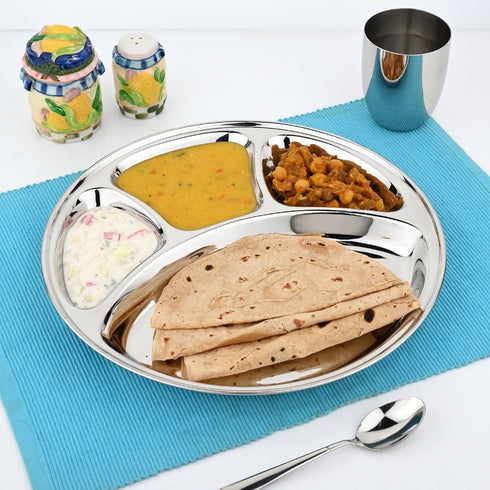 Vinod Stainless Steel Bhojan Thali 4 Compartment Lunch and Dinner Plate High Grade Stainless Steel Mirror Finish Set of 2 Piece No 14