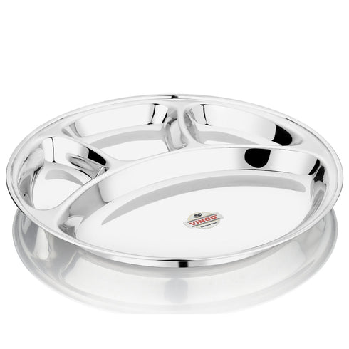 Vinod Stainless Steel Bhojan Thali Plate 4 Compartment Lunch and Dinner Plate High Grade Steel Mirror Finish Rust Free Set of 2 Piece No 13