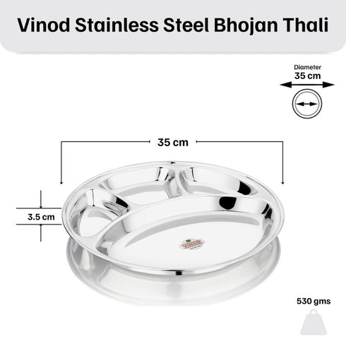 Vinod Stainless Steel Bhojan Thali 4 Compartment Lunch and Dinner Plate High Grade Stainless Steel Mirror Finish Set of 2 Piece No 14