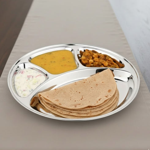 Vinod Stainless Steel Bhojan Thali Plate 4 Compartment Lunch and Dinner Plate High Grade Steel Mirror Finish Rust Free Set of 2 Piece No 13
