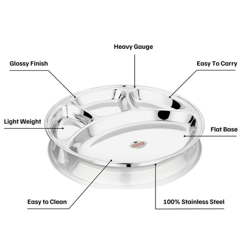 Vinod Stainless Steel Bhojan Thali 4 Compartment Lunch and Dinner Plate High Grade Stainless Steel Mirror Finish Set of 2 Piece No 14