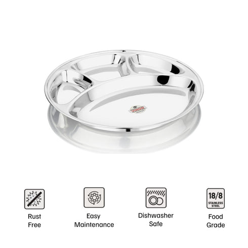 Vinod Stainless Steel Bhojan Thali Plate 4 Compartment Lunch and Dinner Plate High Grade Steel Mirror Finish Rust Free Set of 2 Piece No 13