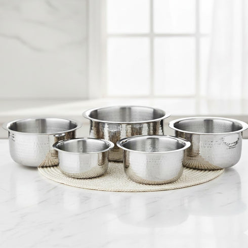 Vinod Stainless Steel Claro Hammered Tope Patila Set of 5 Capacity 900 ml 1.8 Liter 3 Liter 4.6 Liter and 6.3 Liter