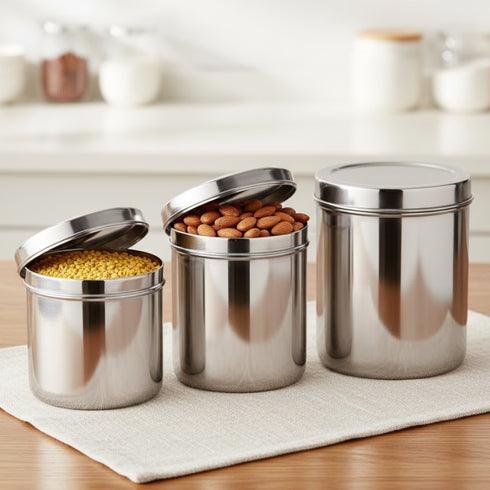 Vinod Stainless Steel Deep Dabba Set of 3 350 ml 500 ml and 750 ml in Heavy Gauge Steel Airtight Lids Mirror Finish Rust Free