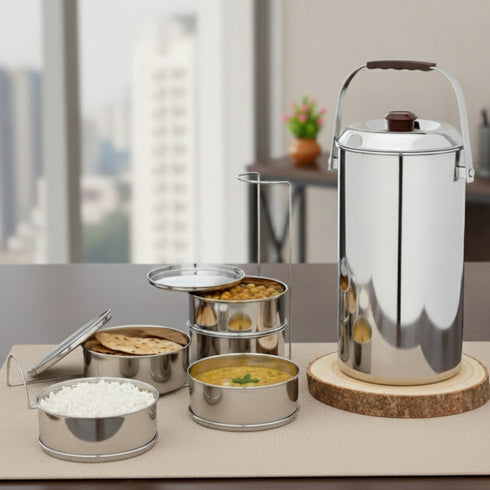 Vinod Stainless Steel Deluxe Hot Tiffin with 5 Compartments Insulated Rust Free Leak Proof Strong and Tough Dishwasher Safe