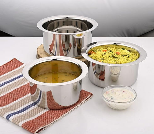 Vinod Stainless Steel Induction Friendly Flat Bottom Cooking Tope With 1.5mm Thickness 18 Gauge Durable Steel 3 Pcs Capacity 1400ml 1800ml and 2300ml No 11 to 13