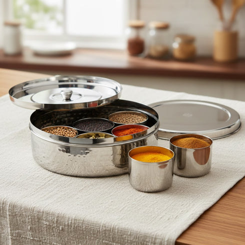 Vinod Hammered Stainless Steel Masala Dabba Spice Box with 7 Containers Spoon and Inner Lid Rust Resistant High Quality Build No 12