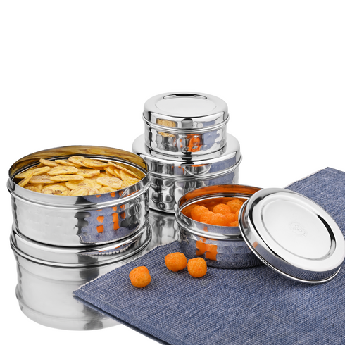 Vinod Stainless Steel Hammered Puri Dabba Set of 4 Capacity 300 ml 450 ml 650 ml 1000 ml Heavy Gauge Steel Airtight Lids Rust Free