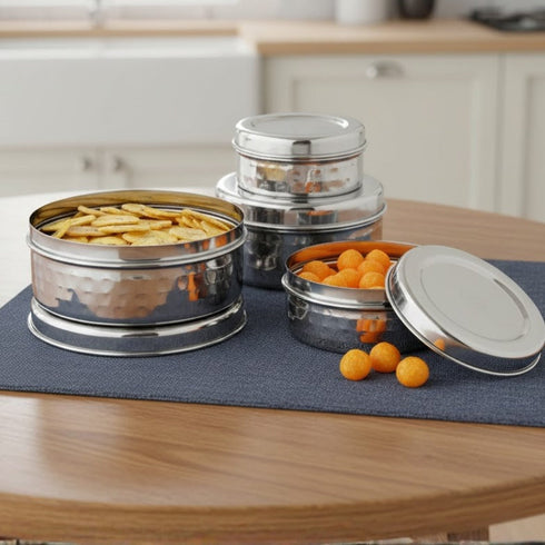 Vinod Stainless Steel Hammered Puri Dabba Set of 4 Capacity 300 ml 450 ml 650 ml 1000 ml Heavy Gauge Steel Airtight Lids Rust Free