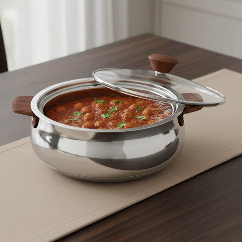 Vinod Stainless Steel Aroma Insulated Casserole with Glass Lid and Wooden Knob 2650 ml High Grade Stainless Steel and Rust Free