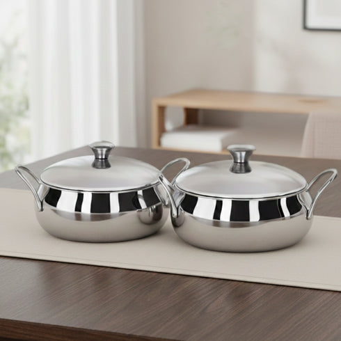 Vinod Stainless Steel Indigo Bowl 2 Pieces Gift Set with Lids and Side Handles 900 ml and 1000 ml Mirror Finish Strong Build Dishwasher Safe