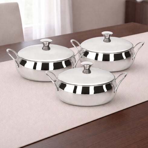 Vinod Stainless Steel Indigo Serving Bowl 3 Pieces Gift Set with Lid and Side Handles 900 ml 1000 ml and 1300 ml Mirror Finish Rust Free