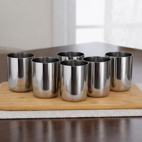 Vinod Stainless Steel Juicee Glass Set of 6 300 ml Highest Grade Steel Rust Free Long and Durable Mirror Finish Dishwasher Safe