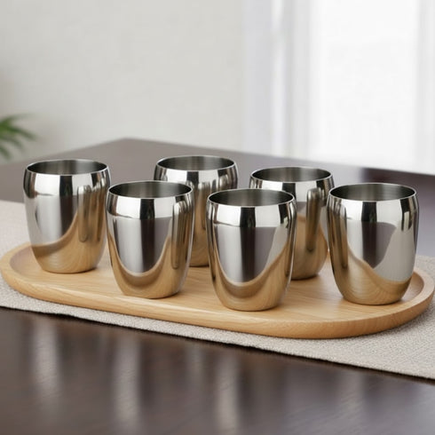 Vinod Stainless Steel Mango Glass Set of 6 300 ml with Highest Grade Steel Mirror Finish Rust Free Strong and Tough Dishwasher Safe