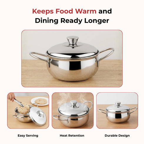 Vinod Stainless Steel Milano Plain Serving Casserole with Steel Lid and Side Handles 1230 ml Highest grade Stainless Steel Tough and Strong