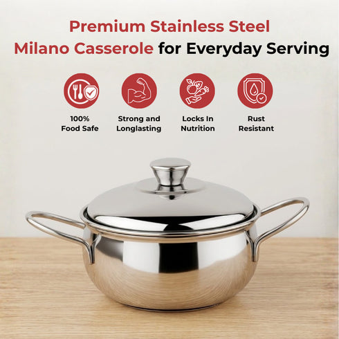 Vinod Stainless Steel Milano Plain Serving Casserole with Steel Lid and Side Handles 1630 ml Highest grade Stainless Steel Tough and Strong