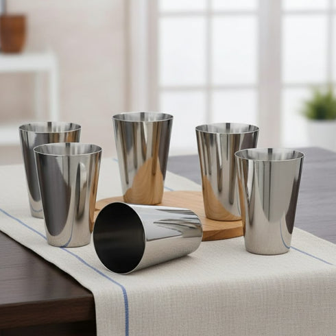 Vinod Stainless Steel Plain Glass Set of 6 300 ml with Highest Grade Steel Mirror Finish Rust Free Easy to Clean and Dishwasher Safe