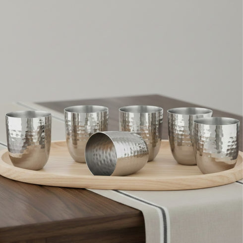 Vinod Stainless Steel Premium Hammered Glass Set of 6 300 ml with High Grade Stainless Steel Long Lasting and Durable Rust Free